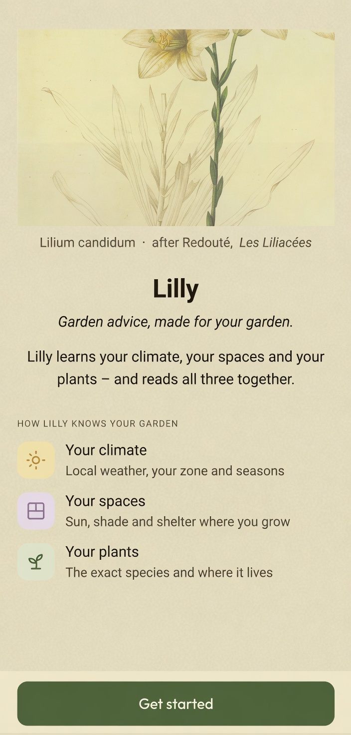 Lilly opening screen: a Redouté lily plate, the three ways Lilly knows a garden, and Get started.